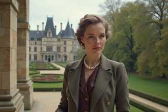 Femme élégante en couture du début 20e siècle devant le château