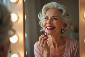 Femme élégante de soixante-dix ans appliquant un rouge à lèvres rouge