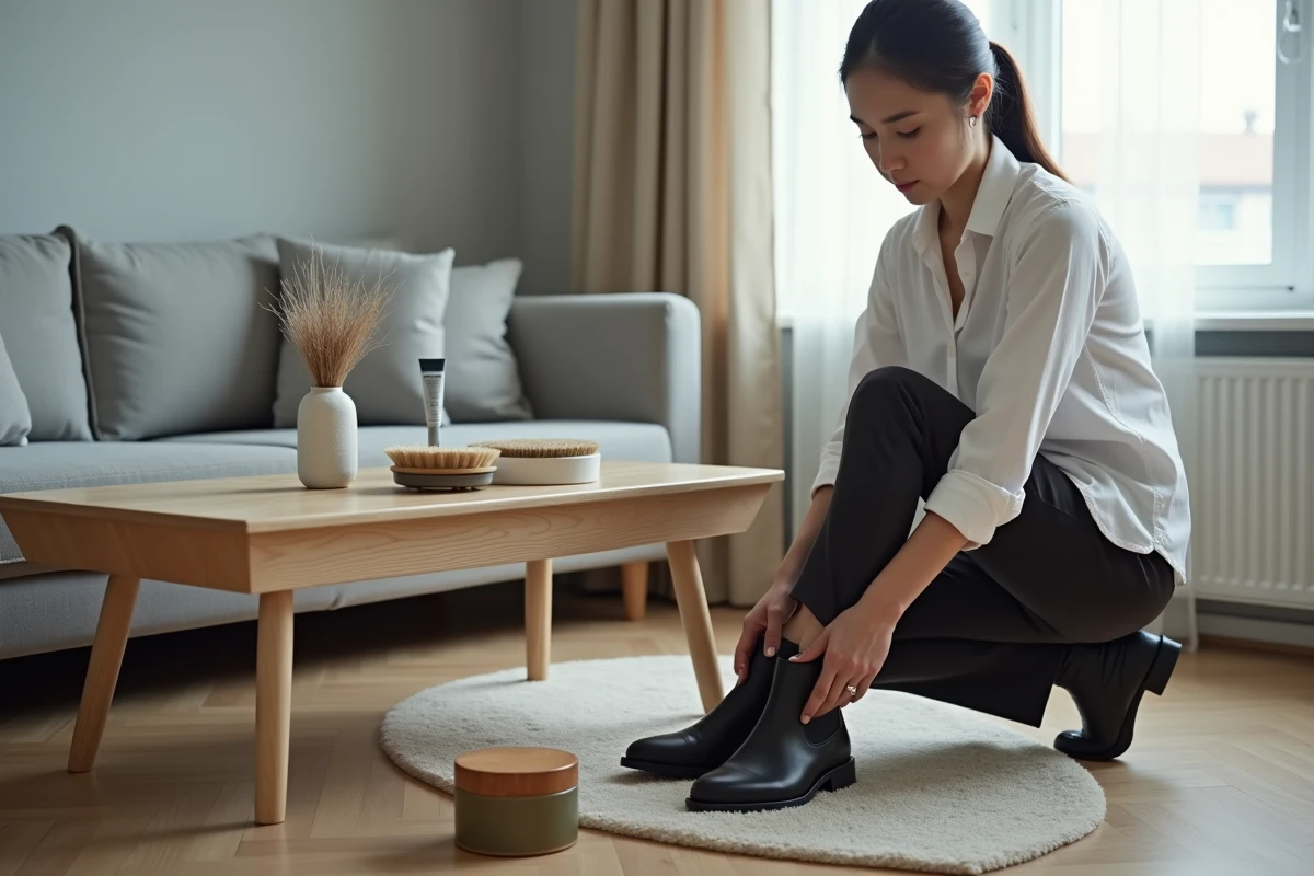 Jeune femme entretenant des boots Chelsea en cuir noir avec un chiffon chamois et des produits de cirage dans un appartement moderne