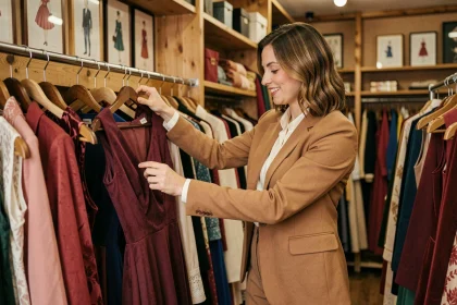 Femme parcourant des robes vintage dans une friperie élégante, touchant un vêtement des années 60 sur un portant coloré