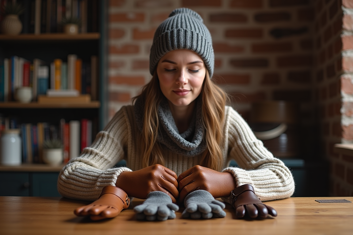 Jeune femme comparant deux types de gants à la maison