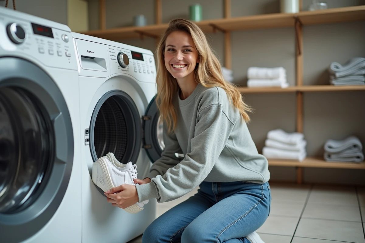 Jeune femme souriante plaçant des sneakers dans une machine à laver