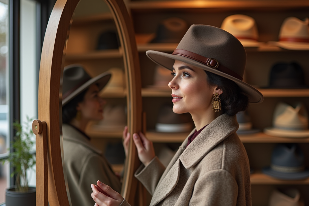 Femme élégante en manteau d'automne essayant des chapeaux