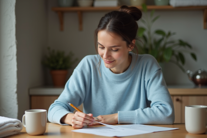 Femme mesurant son anneau avec un ruban à la maison