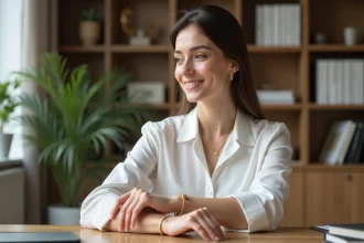 Jeune femme élégante portant un bracelet doré dans un bureau moderne