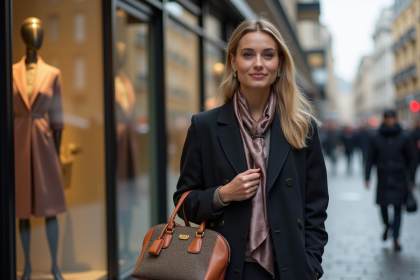 Jeune femme mode avec sac dans une rue urbaine