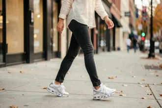 Femme portant des Nike Shox blanches marchant sur un trottoir urbain en automne, illustrant le confort au quotidien
