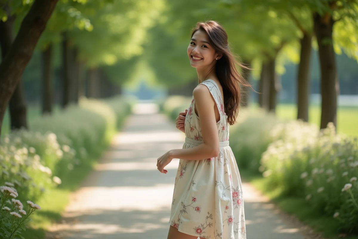 Jeune femme en robe coton dans un parc verdoyant