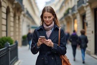 Femme élégante en trench et foulard à Paris