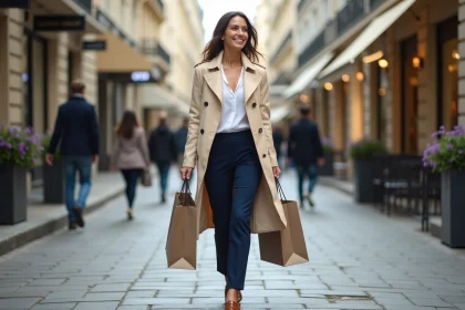 Femme élégante en trench et pantalon à Montaigne
