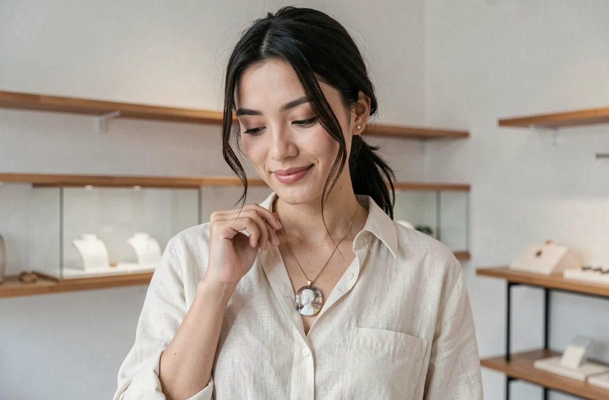 Femme tenant un pendentif camée moderne en résine dans une boutique de bijoux minimaliste