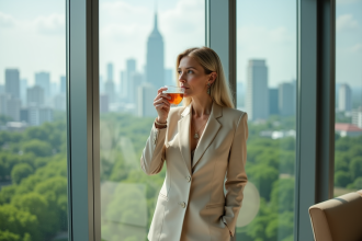 Femme élégante dans un penthouse avec vue sur la ville