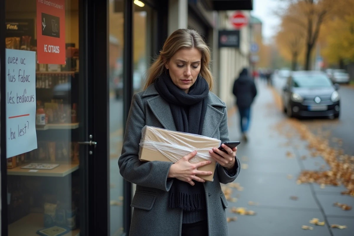 Femme devant un point relais fermé avec un colis Vinted cherchant une alternative à proximité