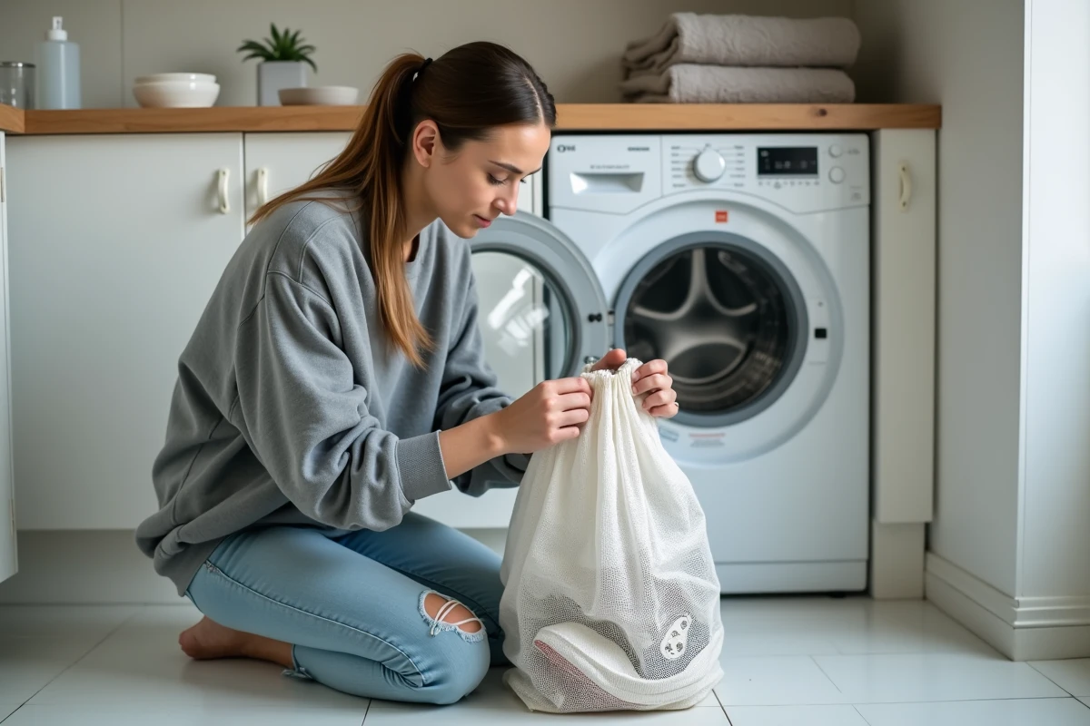 Femme préparant ses Converse blanches dans un sac de lavage avant de les mettre en machine
