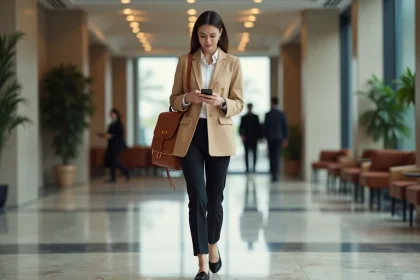 Femme élégante en blazer beige dans un lobby moderne