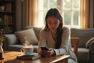 Jeune femme calme dans un salon cosy avec son smartphone face vers le bas