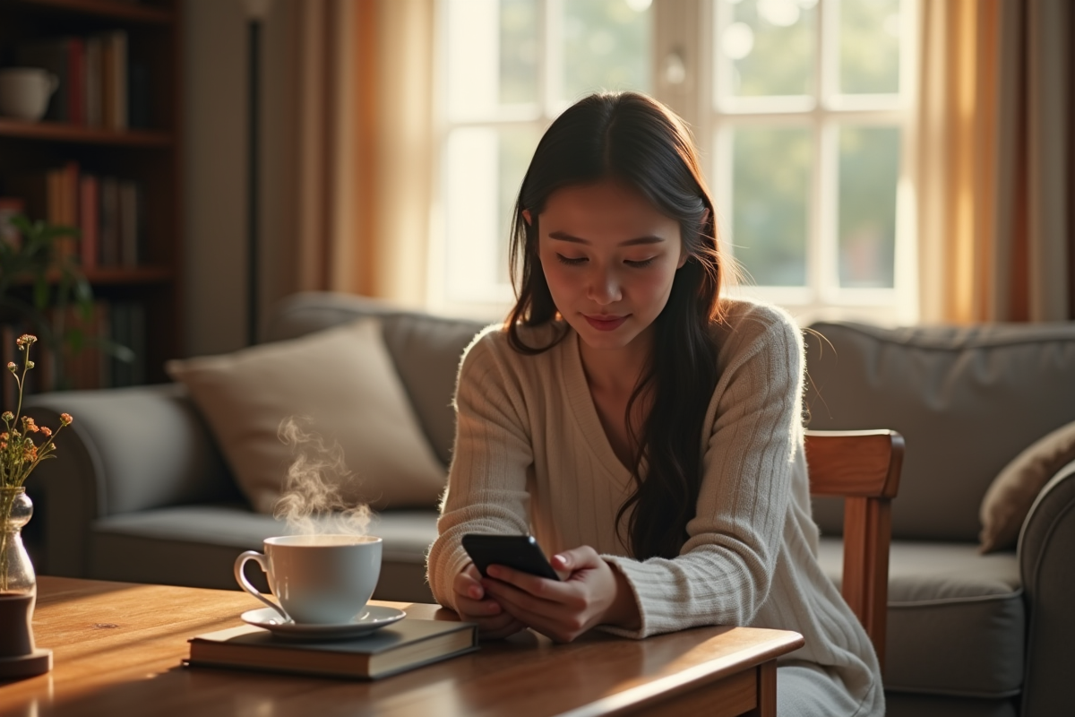 Jeune femme calme dans un salon cosy avec son smartphone face vers le bas