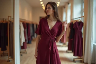 Femme portant une robe portefeuille bordeaux dans une boutique de mode parisienne, silhouette mise en valeur