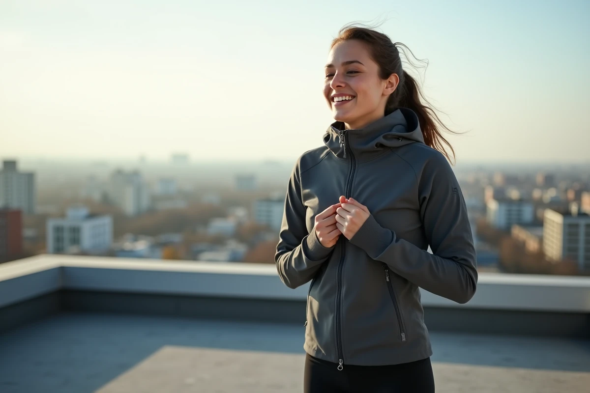 Femme en softshell sur un toit urbain au matin