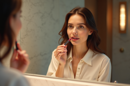 Femme appliquant rouge à lèvres dans une salle de bain moderne