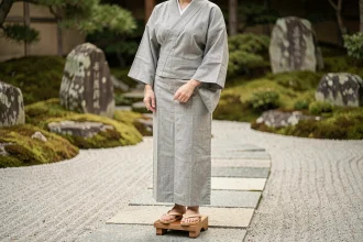 Femme japonaise portant des sandales geta traditionnelles en bois dans un jardin zen, illustrant la posture naturelle et l'équilibre postural induit par ce type de chaussure