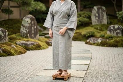 Femme japonaise portant des sandales geta traditionnelles en bois dans un jardin zen, illustrant la posture naturelle et l'équilibre postural induit par ce type de chaussure