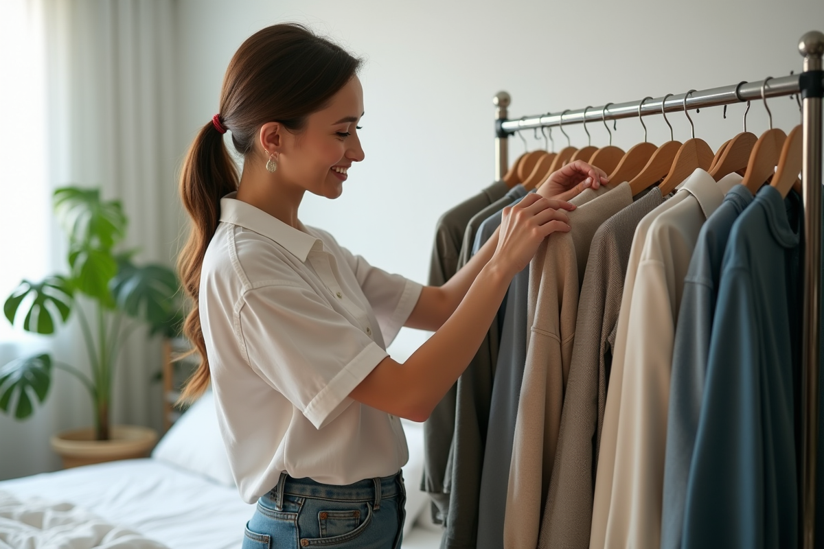 Femme souriante choisissant une tenue dans une chambre lumineuse