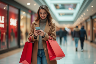 Jeune femme avec sacs rouges dans un centre commercial
