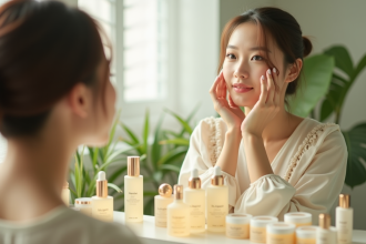 Jeune femme asiatique appliquant une essence visage devant miroir lumineux