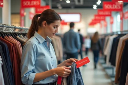 Femme faisant les soldes deuxième démarque dans un magasin de vêtements, comparant les prix sur des articles soldés