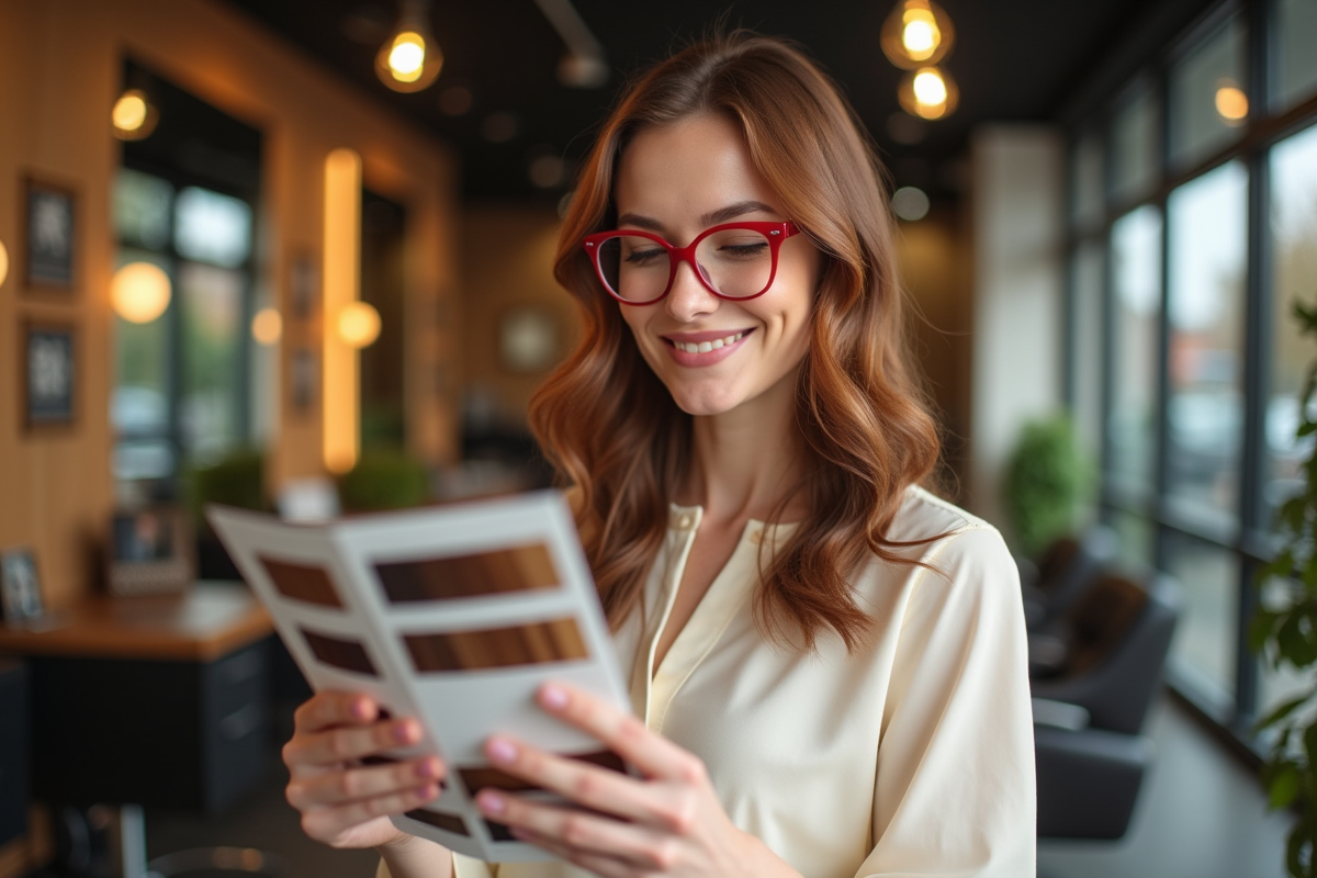 Femme élégante avec lunettes rouges dans un salon moderne
