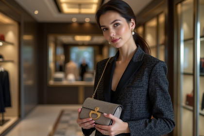 Femme élégante en tweed noir avec sac à main sophistiqué