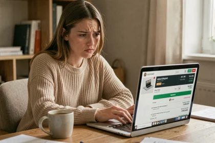 Femme frustrée devant son ordinateur portable consultant le suivi de colis Shein bloqué depuis plusieurs jours