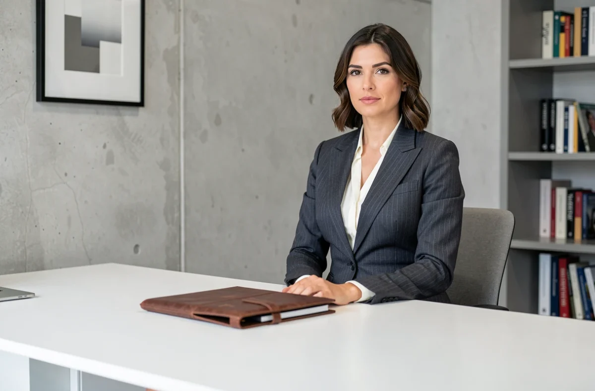 Femme en tenue vintage professionnelle lors d'un entretien d'embauche, blazer et jupe crayon structurés dans un bureau moderne épuré