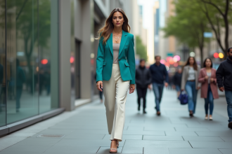 Femme élégante en blazer teal dans la ville