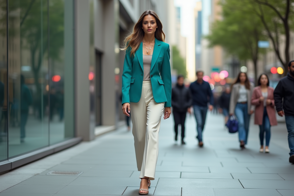 Femme élégante en blazer teal dans la ville