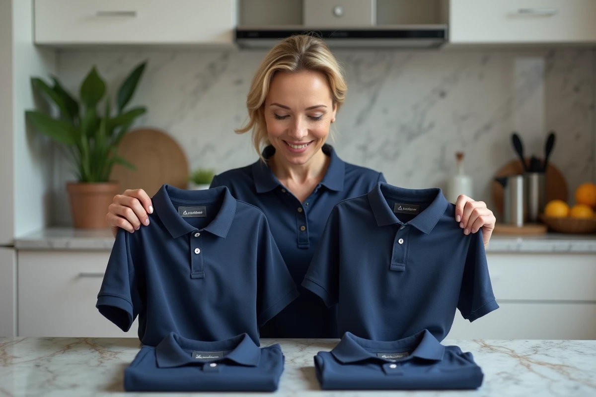 Femme comparant deux polos dans une cuisine moderne