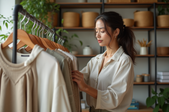 Femme inspectant etiquettes de vetements durables en boutique