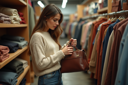 Femme inspectant un sac vintage dans une boutique de seconde main