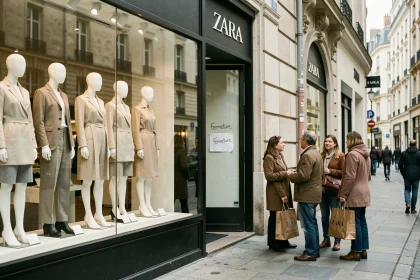 Devanture d'un magasin Zara en centre-ville avec affiche de fermeture visible, clients fidèles devant l'entrée