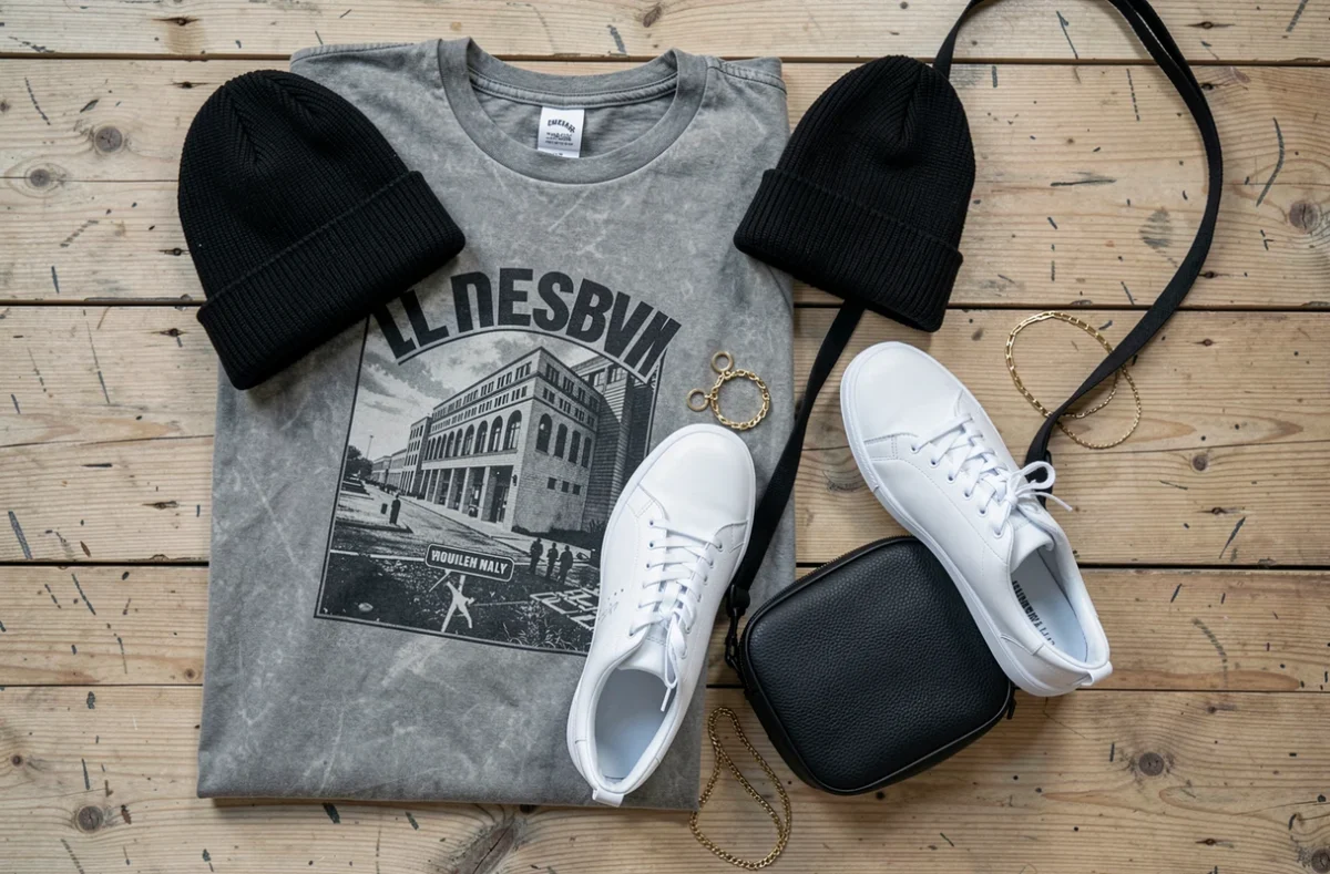 Flat lay des pièces incontournables du style drip fashion incluant tee-shirt, sneakers blanches, bonnet, sac crossbody et chaînes dorées sur bois clair