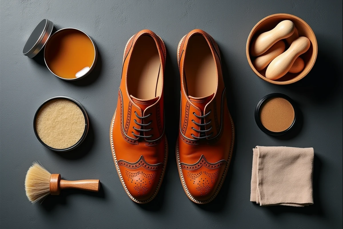 Flat lay de produits de cirage et d'entretien pour chaussures en cuir tan disposés sur une surface en ardoise grise