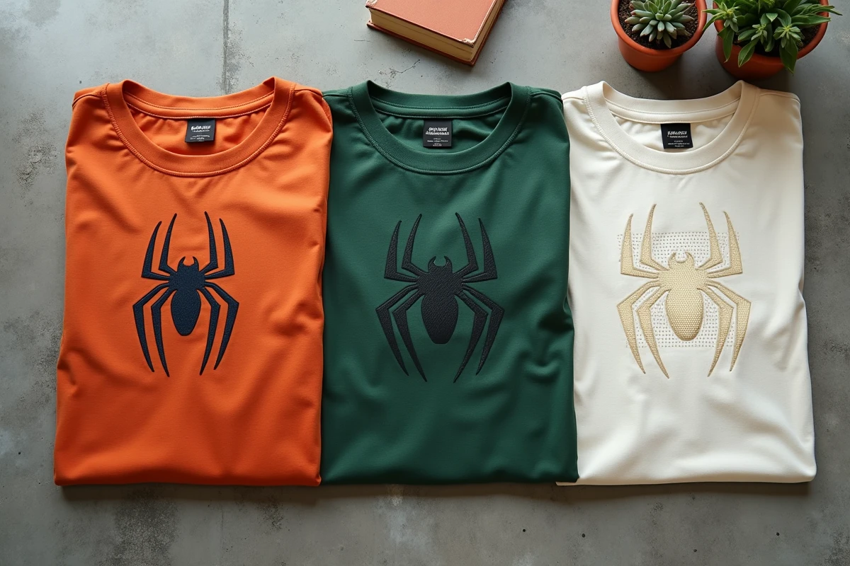 Flat-lay de trois tee-shirts Spider-Man 2026 en coloris tendance terracotta, vert forêt et blanc cassé sur béton brut