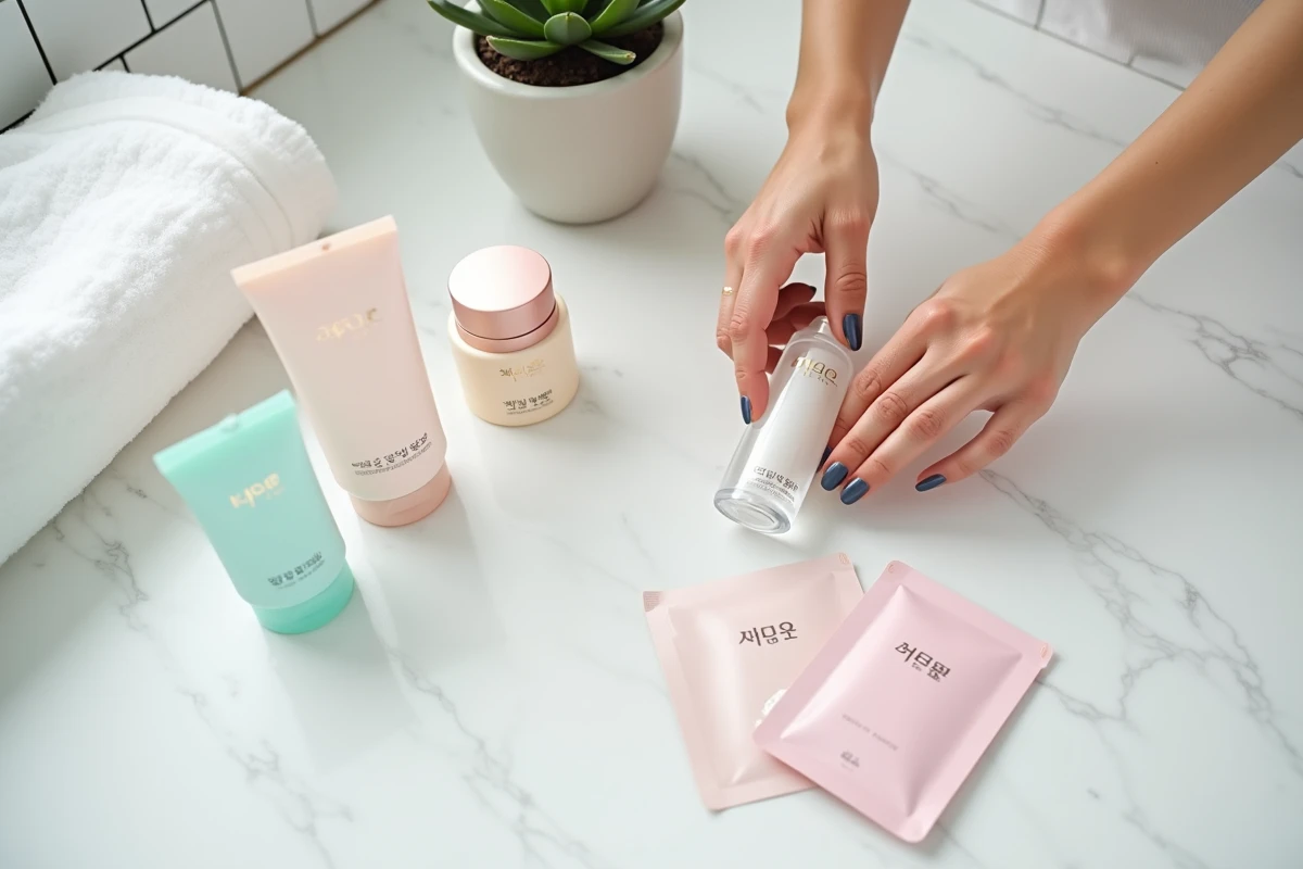 Flatlay de produits de soin coréen Yepoda disposés sur marbre blanc dans une salle de bain épurée