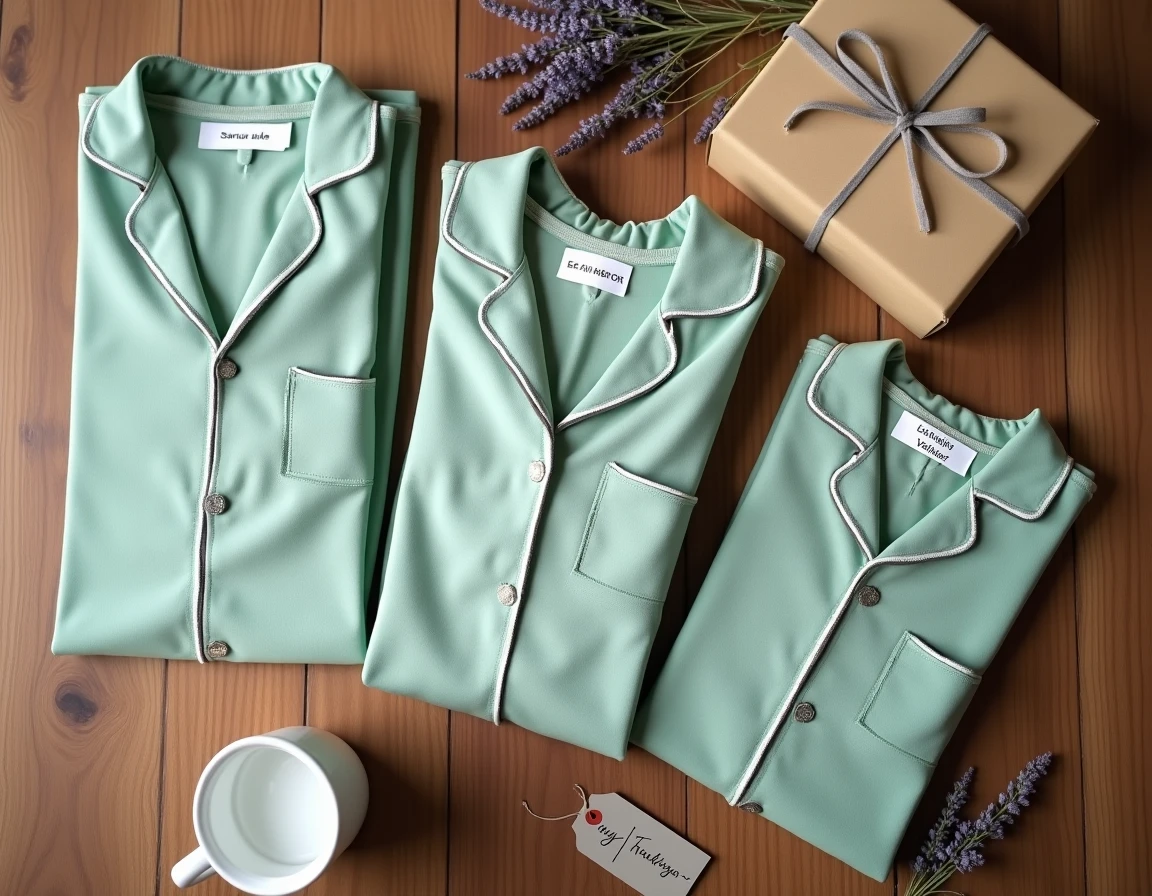 Flat lay de trois pyjamas personnalisés en jersey vert sauge pliés avec broderies sur une table en chêne rustique