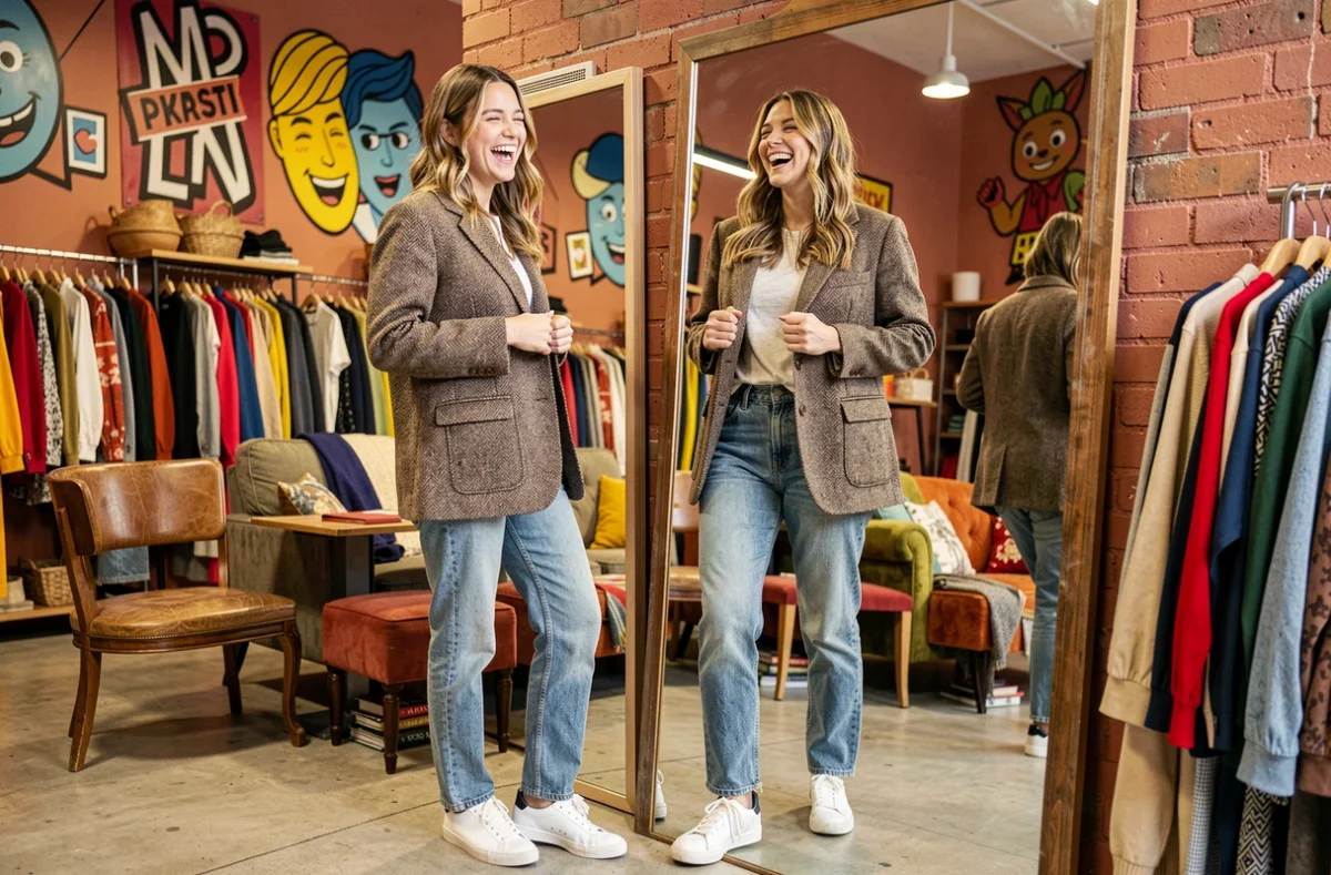 Une jeune femme rit en essayant un blazer vintage devant un miroir dans la friperie Frip and Up à Cherbourg-en-Cotentin, boutique tendance à l'ambiance jeune et colorée.