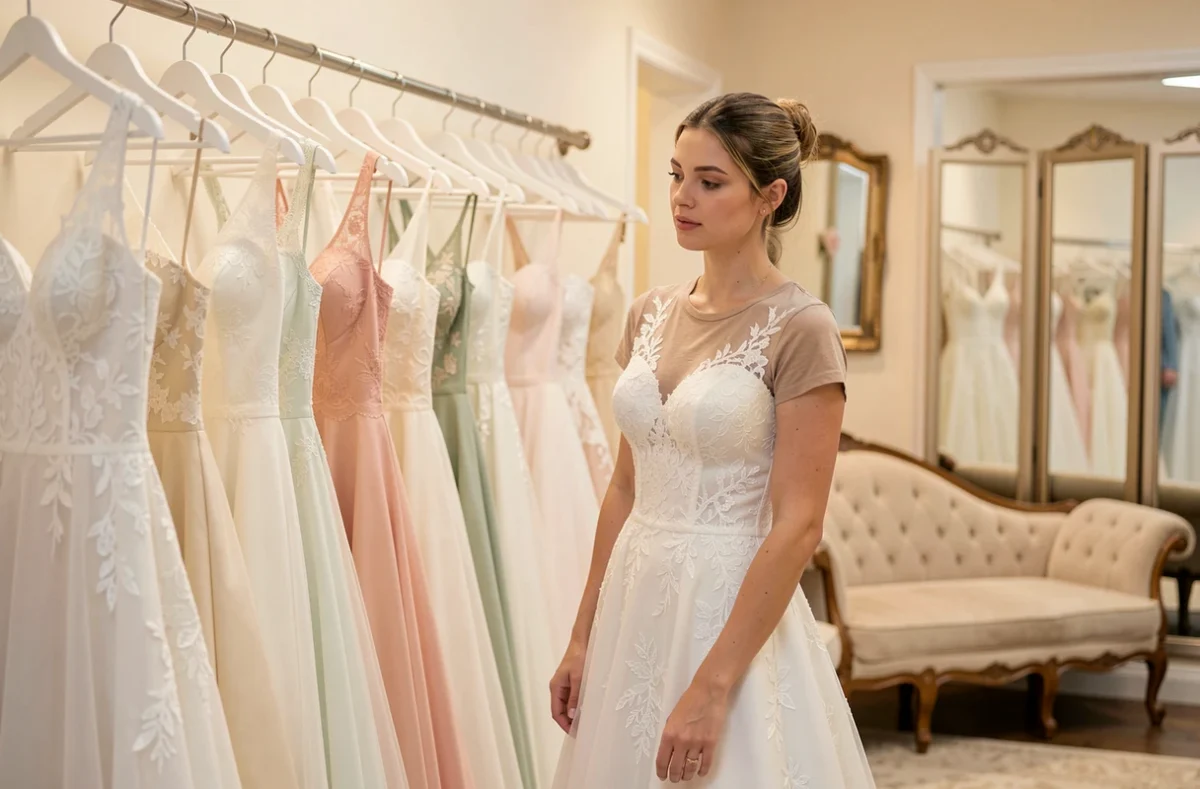 Femme admirant une robe de mariée en dentelle dans le dépôt-vente Frip'Attitude spécialisé en robes nuptiales