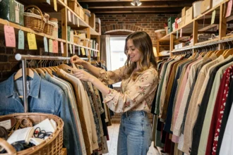 Une femme parcourt les rayons d'une friperie normande, entourée de vêtements colorés accrochés à des portants serrés dans une boutique de seconde main chaleureuse.