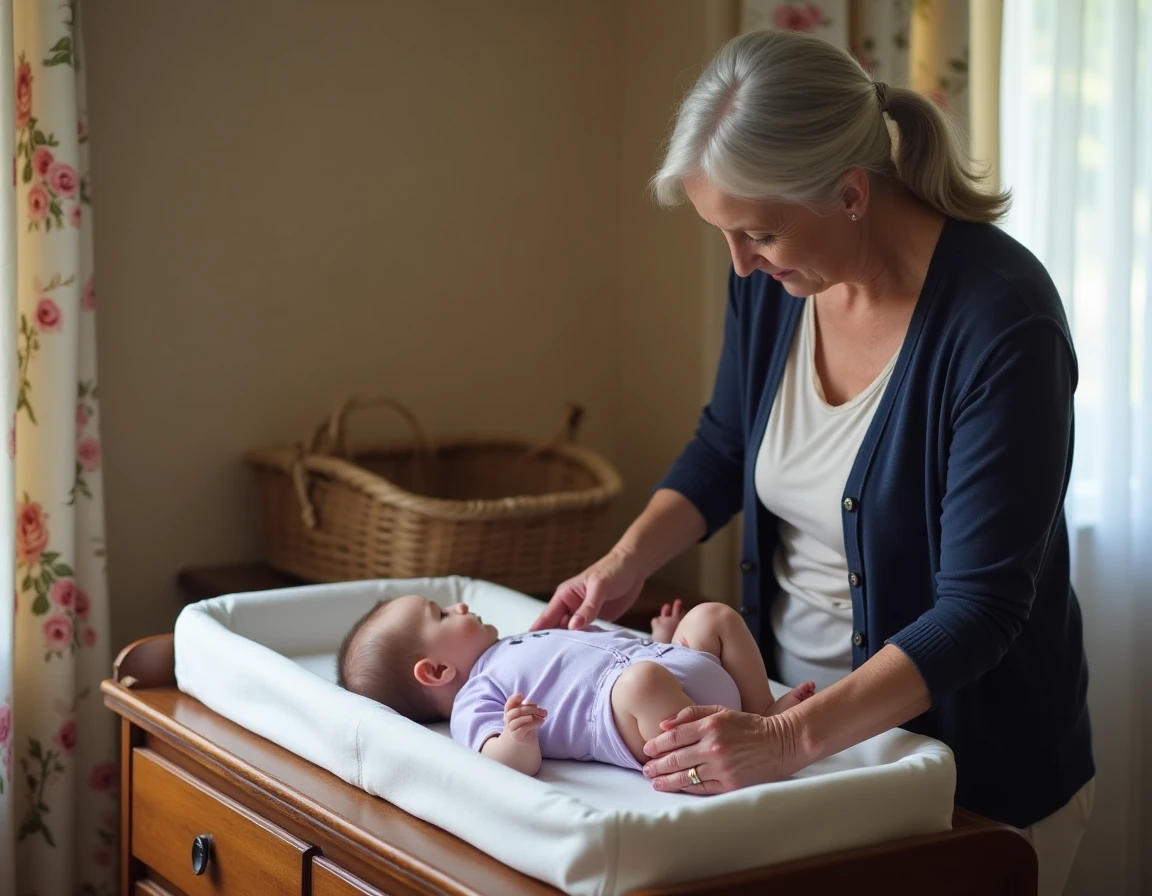 Grand-mère changeant un bébé habillé en robe de fête lilas à pressions sur les jambes posé sur commode vintage dans chambre familiale chaleureuse