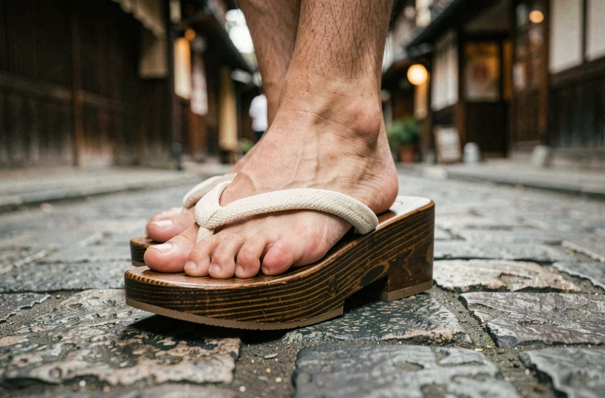 Gros plan au sol sur des sandales geta en bois portées en marche sur un pavé japonais traditionnel, montrant l'impact biomécanique sur la démarche et la posture